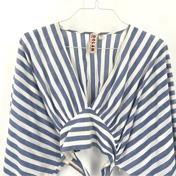 Anthropologie DOLAN Nautical Coastal Blue Stripe Wrap Balloon Sleeve Blouse Top - Picture 4 of 7